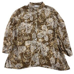 Alfred Dunner Petite‎ 12P Floral butterfly Button-Up Shirt  Brown/White